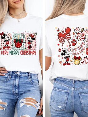 Disney Christmas Shirt, Mickey Minnie Holiday Xmas Tee, Front Back Christmas